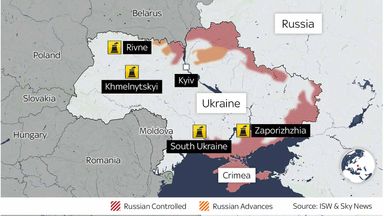 ロシアが管理する地域とウクライナの4つの原子力発電所の場所。